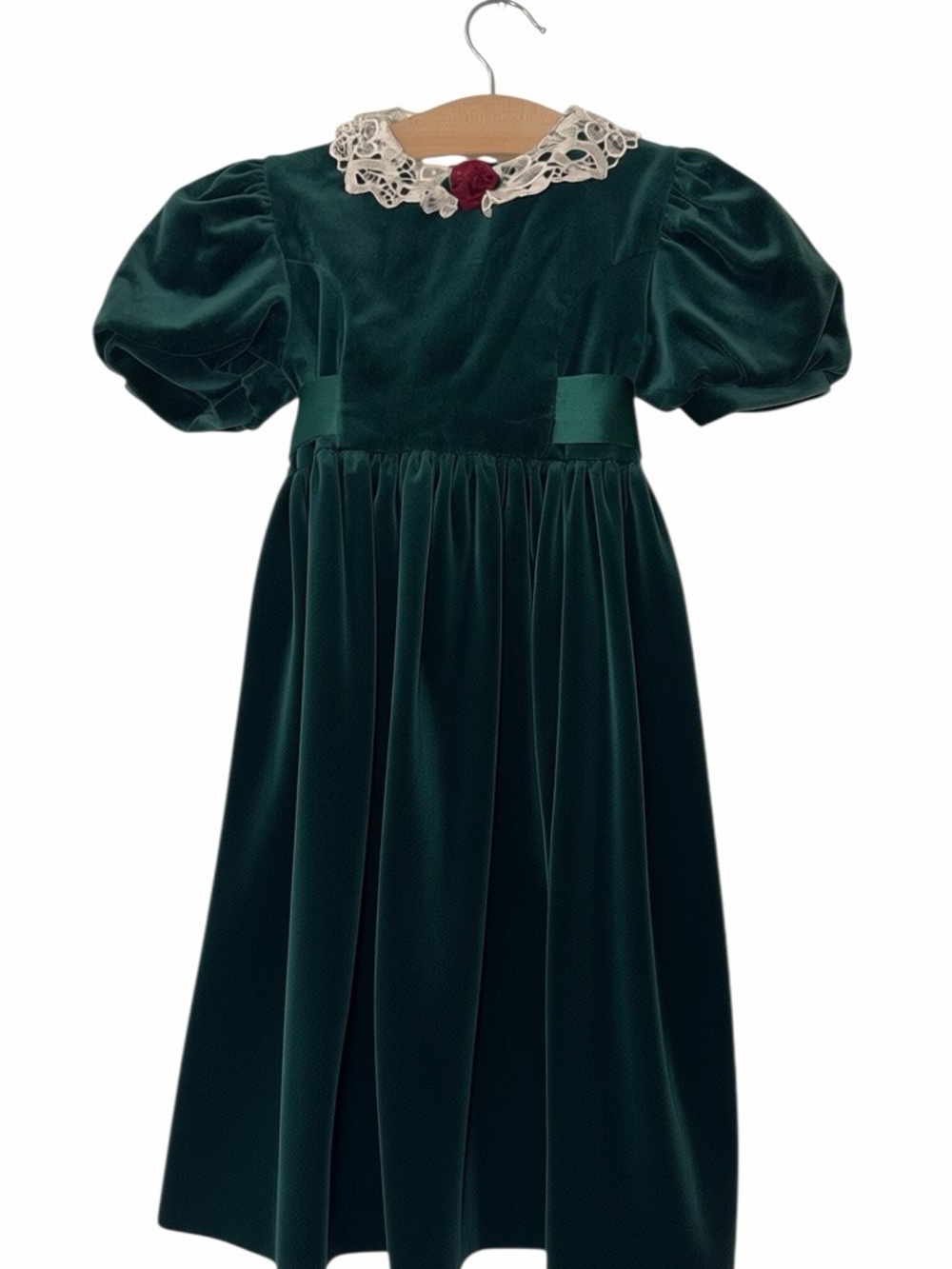 Vtg Peaches n Cream girls sz 5 green velvet dress lace collar holiday sash